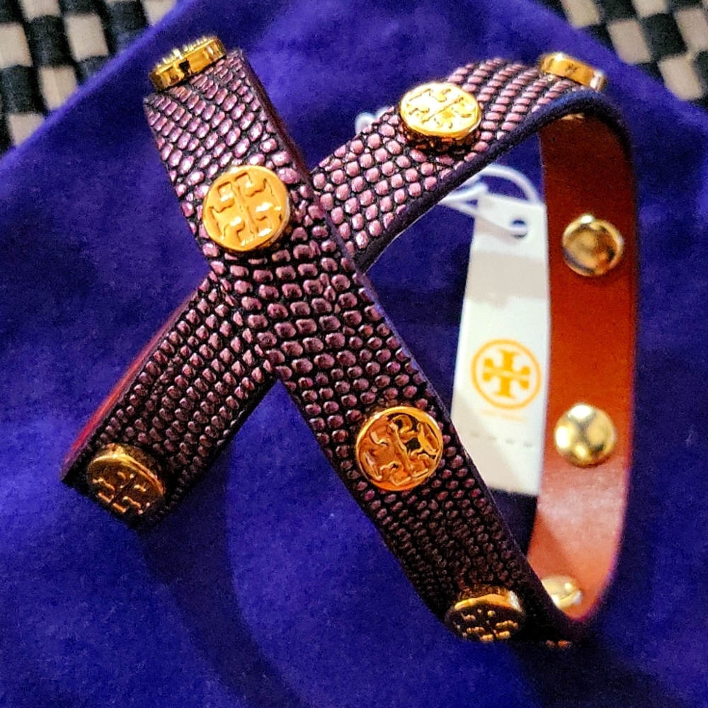 Tory Burch Shiny Brass (copper color) double wrap logo studs bracelet. Authentic